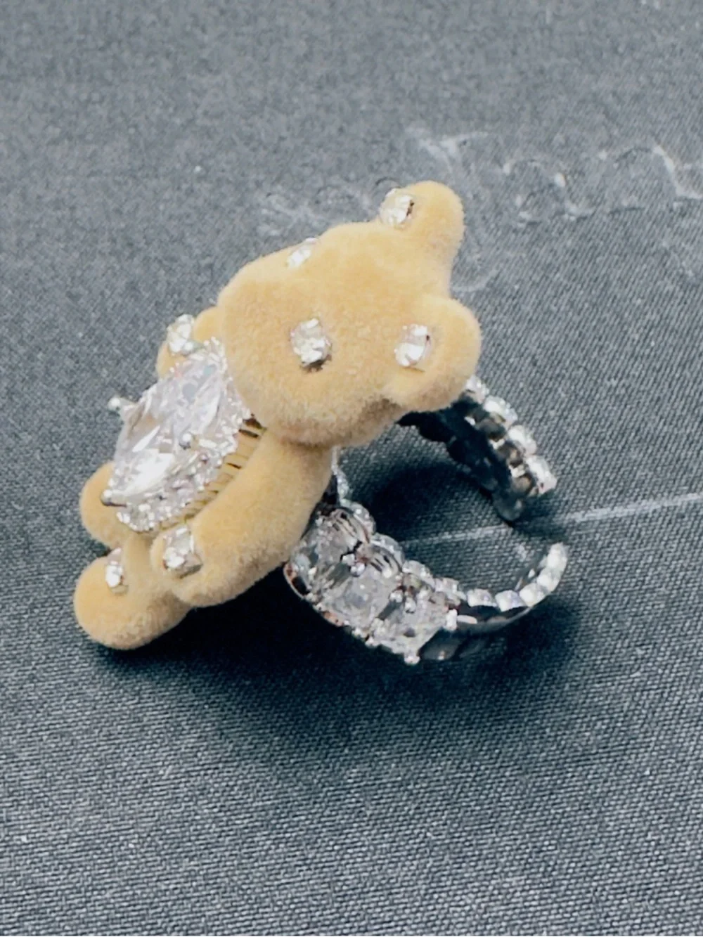 Plush Teddy Bear Ring with Crystal Center - Beige